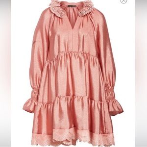 Stine Goya Tiered Daki Shiny Lame Cloque Dress Pink Ruffle Collar - Size small
